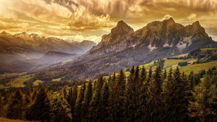 nature, Landscape, Mist, Mountain, Valley, Forest, Clouds, Sky, Sunset, Summer, Grass, Snowy Peak HD Wallpaper Desktop Background