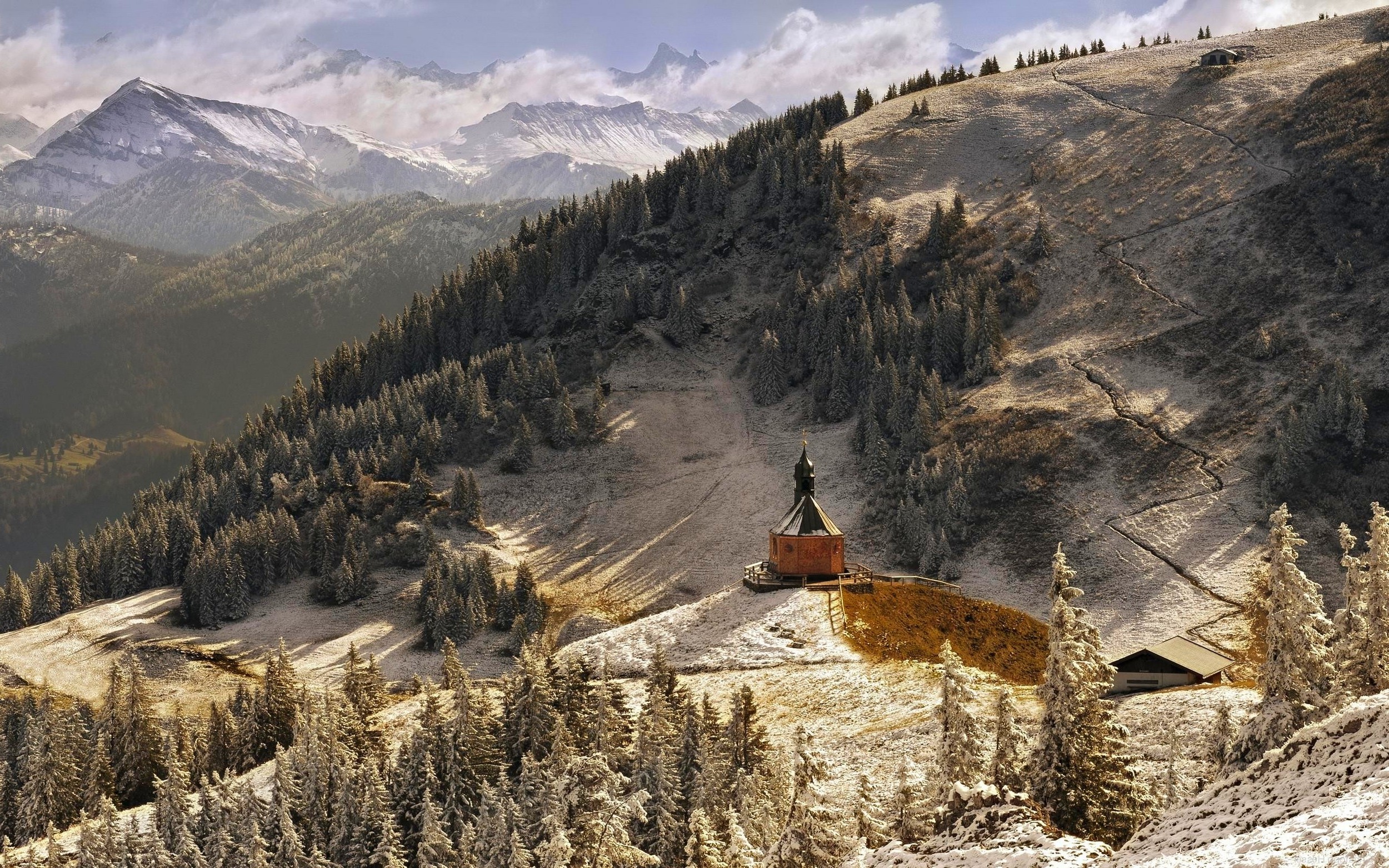 nature, Landscape, Mountain, Forest, Snowy Peak, Sunlight, Chapel, Snow, Germany Wallpaper