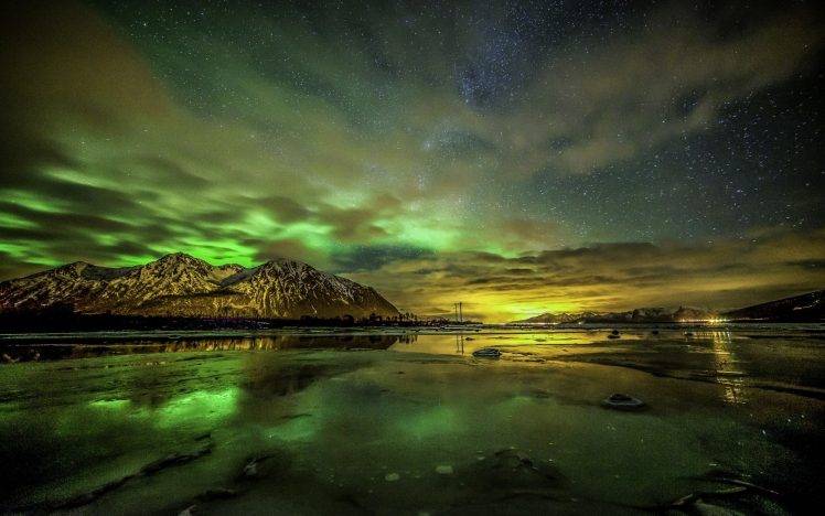 nature, Landscape, Aurorae, Starry Night, Mountain, Sky, Clouds, Lights, Snowy Peak, Frost, Fjord, Norway HD Wallpaper Desktop Background