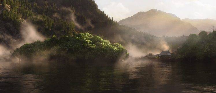 nature, Landscape, Mist, Lake, Village, Morning, Mountain, Forest, Sun Rays HD Wallpaper Desktop Background