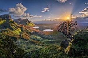 nature, Landscape, Skye, Island, Sunset, Lake, Hill, Clouds, Sky, Road, Valley, Grass, Shrubs, Panoramas, Scotland