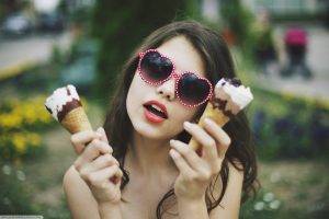 brunette, Women, Ice Cream, Sunglasses, Red Lipstick