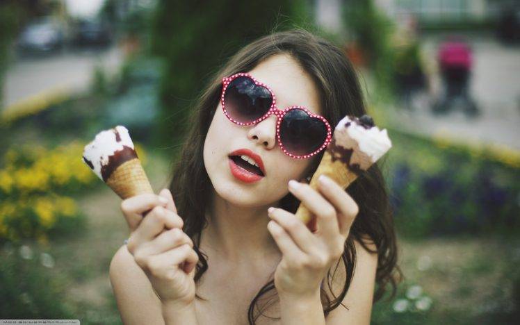 brunette, Women, Ice Cream, Sunglasses, Red Lipstick HD Wallpaper Desktop Background