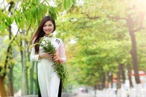 women Outdoors, Asian, Plants, Leaves, Sunlight, Brunette