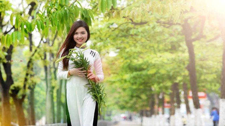 women Outdoors, Asian, Plants, Leaves, Sunlight, Brunette HD Wallpaper Desktop Background