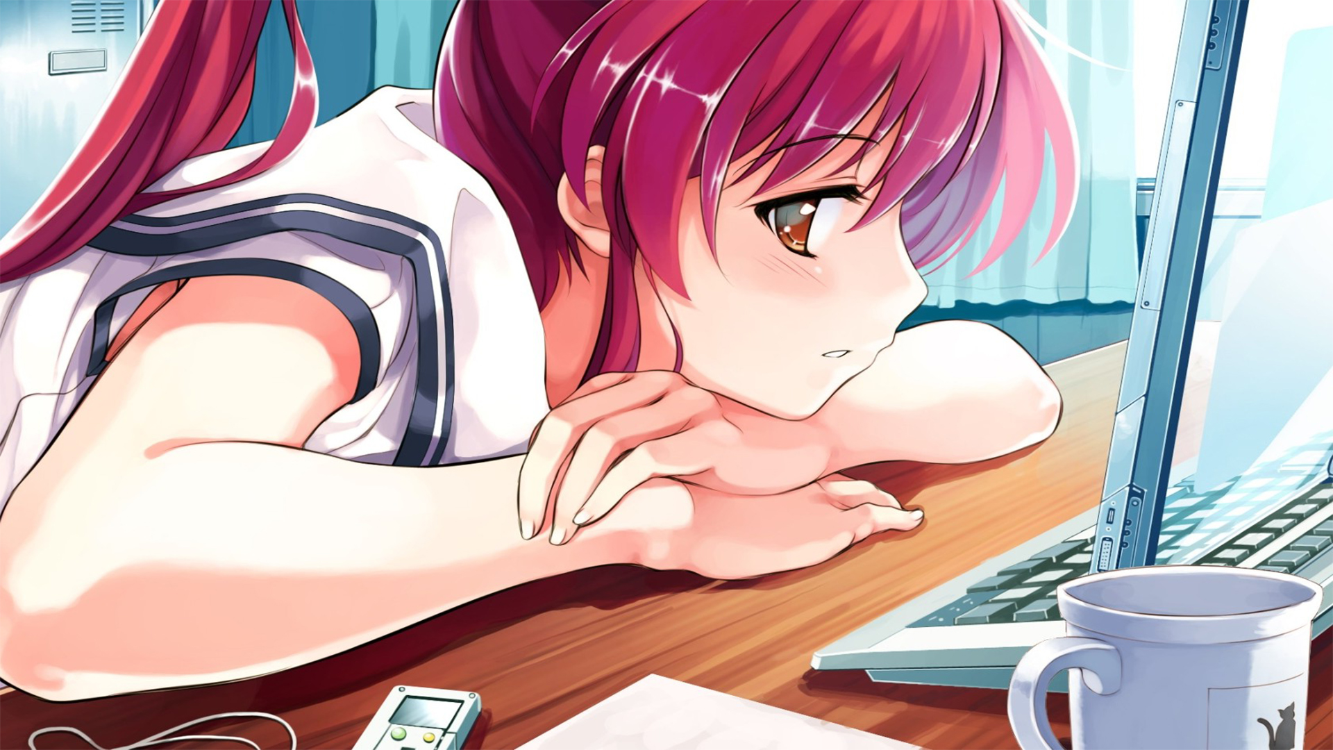 Deep Blue Sky & Pure White Wings, Miyamae Tomoka, Anime Girls, Computer, Coffee, Table, Manga Wallpaper