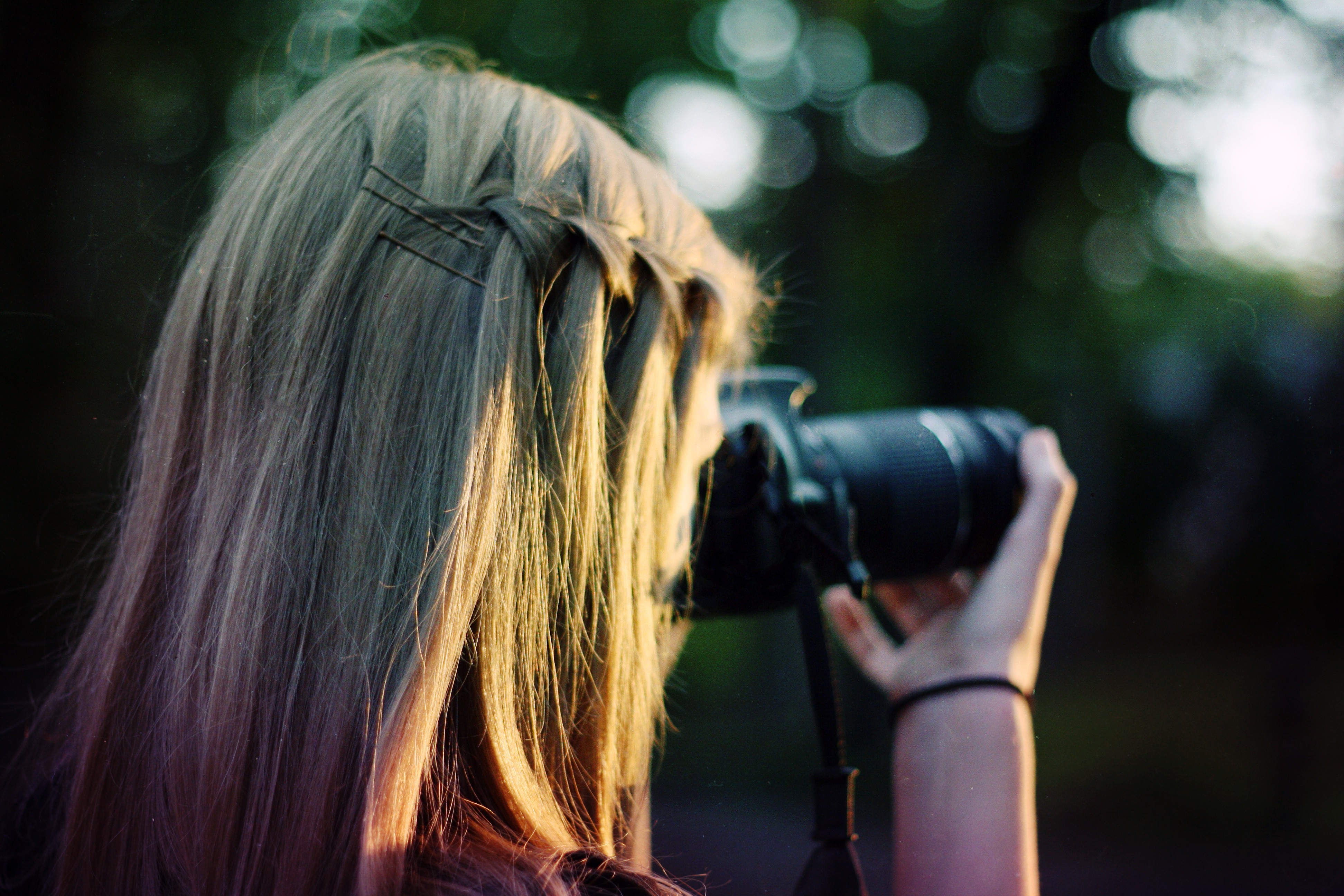 women Outdoors, Camera, Blonde, Bokeh Wallpaper