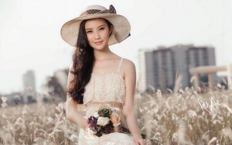 Asian, Women Outdoors, Bouquets, Spikelets HD Wallpaper Desktop Background