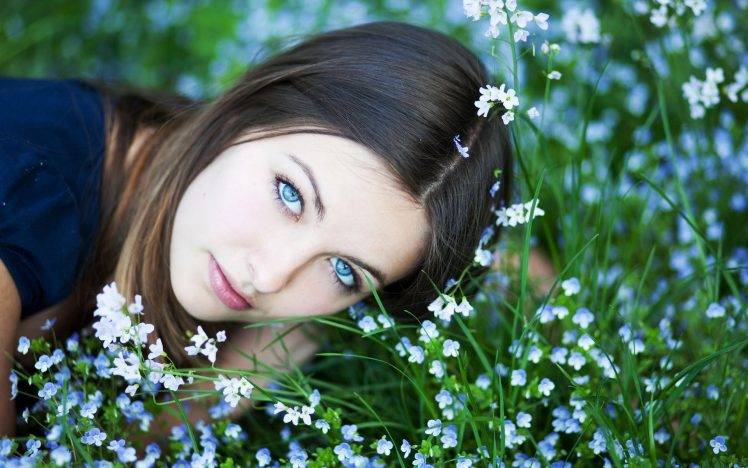 blue Eyes, Nature, Women, Flowers, Blue Flowers HD Wallpaper Desktop Background