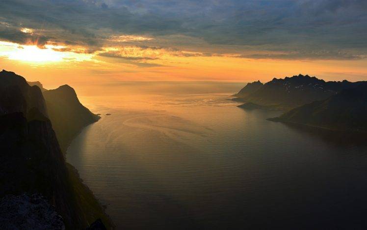 nature, Landscape, Summer, Sunset, Island, Fjord, Mountain, Sky, Clouds, Sea, Norway HD Wallpaper Desktop Background
