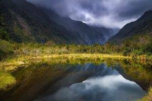 nature, Lake, Mountain, Landscape, Clouds, Grass, Shrubs, Reflection, Waterfall, Valley, New Zealand