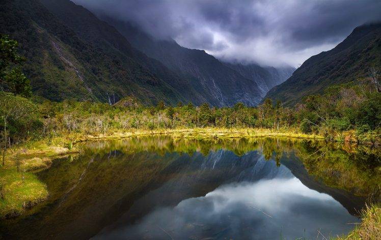 nature, Lake, Mountain, Landscape, Clouds, Grass, Shrubs, Reflection, Waterfall, Valley, New Zealand HD Wallpaper Desktop Background