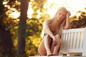 blonde, Long Hair, Barefoot, Sunlight, Bench, Women Outdoors, Bokeh