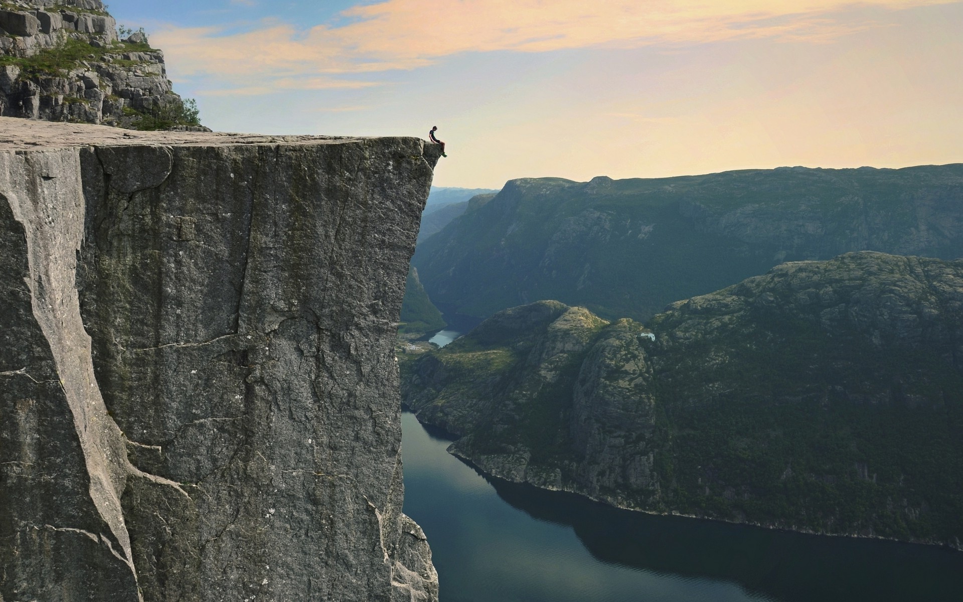 nature, Landscape, Preikestolen, Norway, Fjord, Cliff, Sitting, Danger, Mountain, Water, Summer Wallpaper