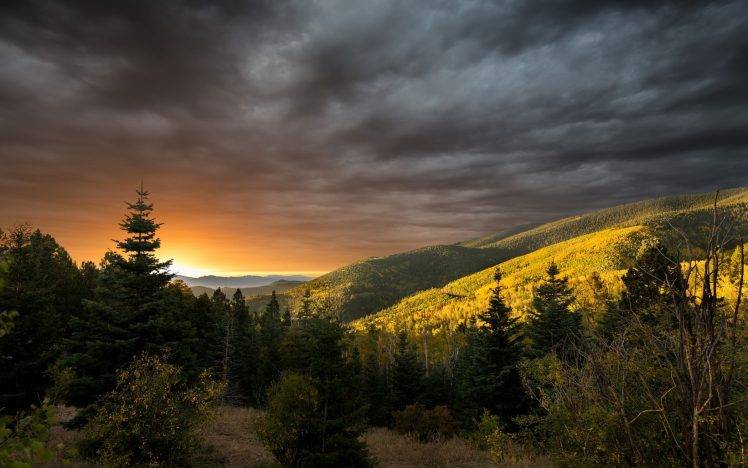 nature, Landscape, Sunset, Mountain, Forest, Clouds, Fall, Shrubs, Sunlight, Trees HD Wallpaper Desktop Background