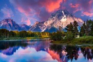 nature, Landscape, Mountain, River, Forest, Grass, Sunrise, Snowy Peak, Sky, Clouds, Reflection, Grand Teton National Park, Wyoming, Water