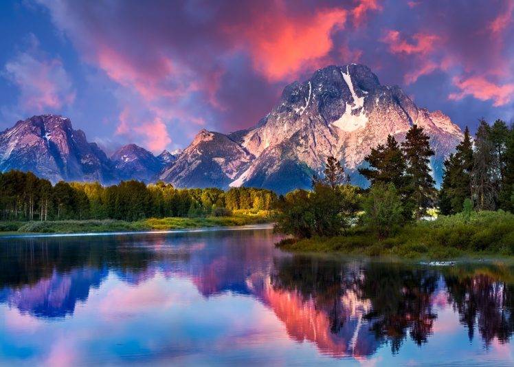 nature, Landscape, Mountain, River, Forest, Grass, Sunrise, Snowy Peak, Sky, Clouds, Reflection, Grand Teton National Park, Wyoming, Water HD Wallpaper Desktop Background