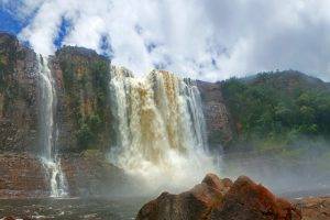 nature, Landscape, Canaima National Park, Venezuela, Waterfall, Cliff, River, Tropical Forest, Clouds