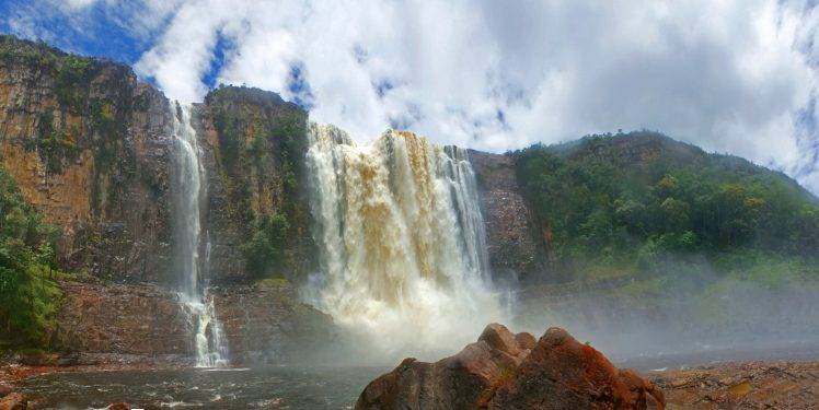 nature, Landscape, Canaima National Park, Venezuela, Waterfall, Cliff, River, Tropical Forest, Clouds HD Wallpaper Desktop Background