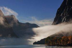 nature, Landscape, Lake, Mountain, Mist, Trees, Fall, Norway
