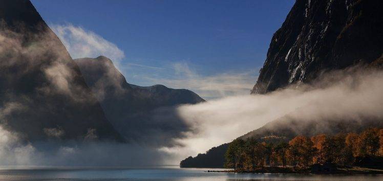 nature, Landscape, Lake, Mountain, Mist, Trees, Fall, Norway HD Wallpaper Desktop Background