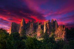 nature, Landscape, Colorful, Sky, Red, Rock Formation, Sunrise, Trees, Clouds, Colorado, Erosion