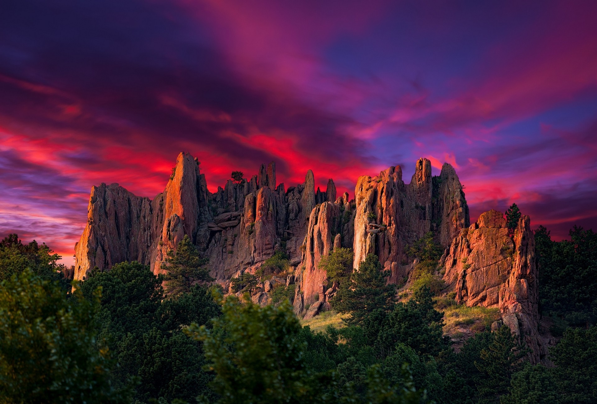 nature, Landscape, Colorful, Sky, Red, Rock Formation, Sunrise, Trees