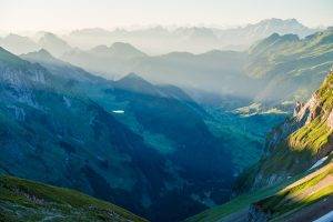 nature, Landscape, Mountain, Mist, Sunrise, Switzerland, Alps, Valley, Forest, Mountain Pass, Sunlight