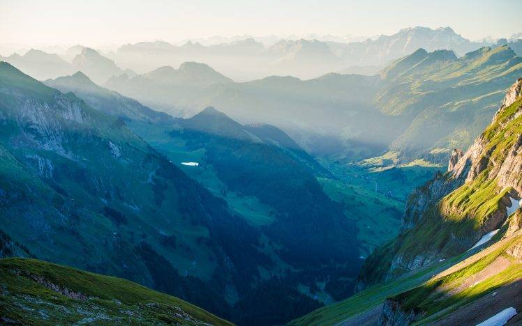 nature, Landscape, Mountain, Mist, Sunrise, Switzerland, Alps, Valley, Forest, Mountain Pass, Sunlight HD Wallpaper Desktop Background