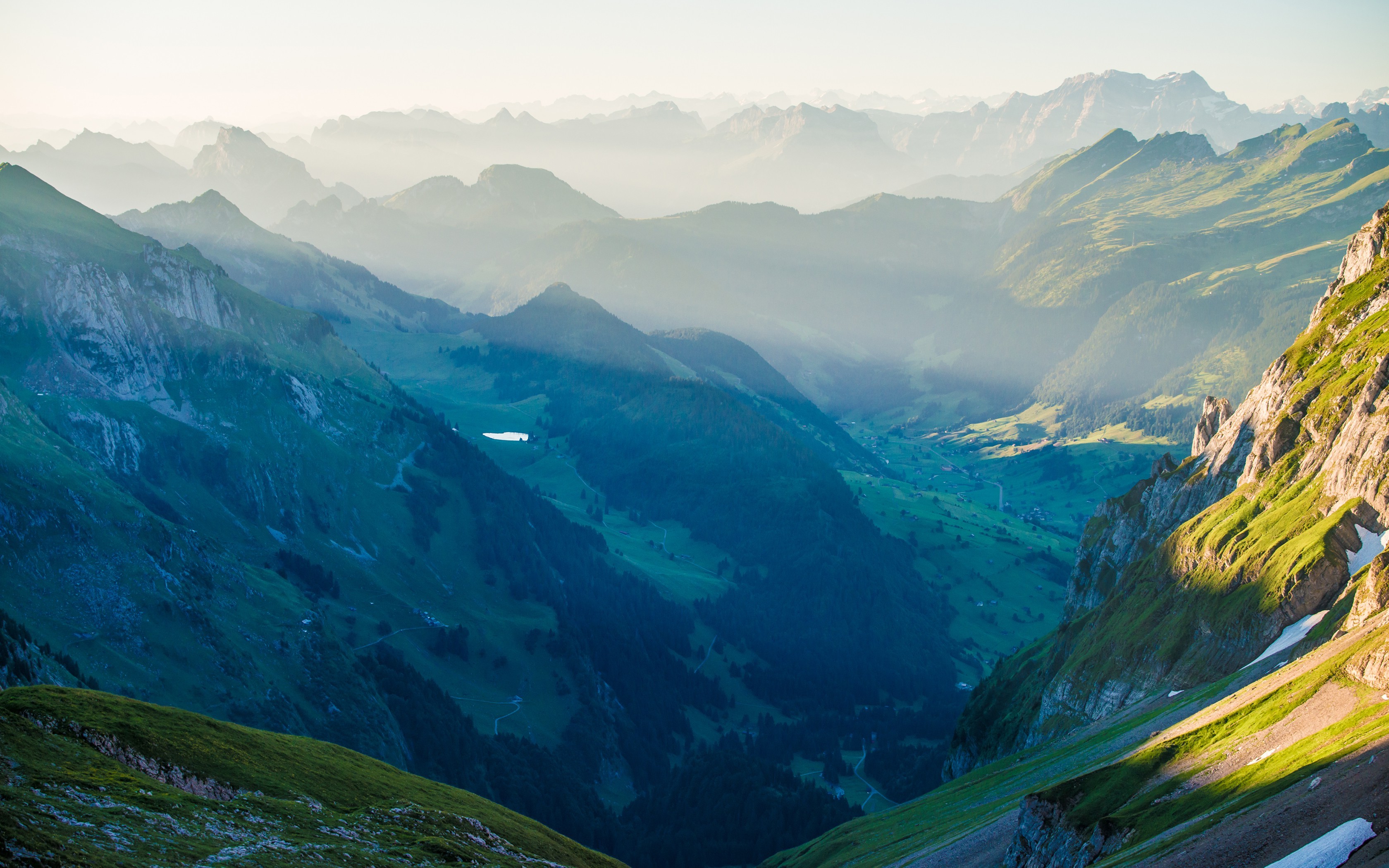 nature, Landscape, Mountain, Mist, Sunrise, Switzerland, Alps, Valley
