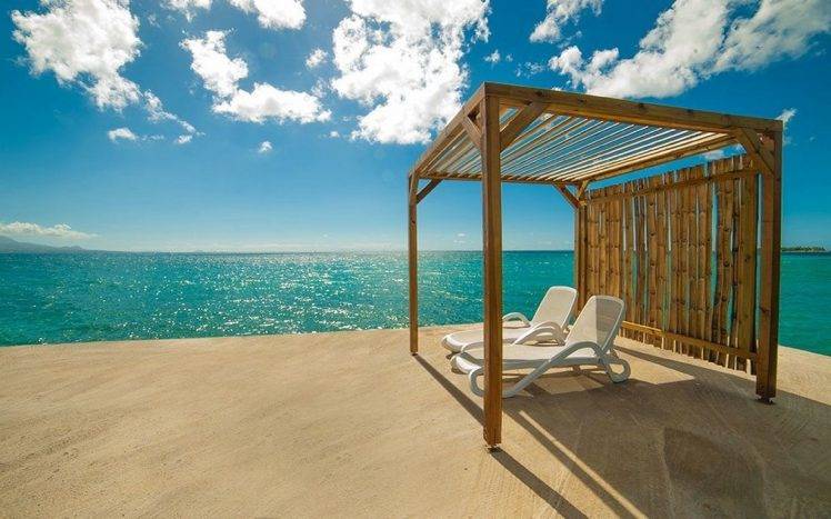 summer, Sea, Caribbean, Nature, Clouds, Landscape, Beach, Chair, Sunshade, Tropical, Resort HD Wallpaper Desktop Background