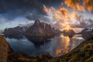 nature, Landscape, Panoramas, Lofoten Islands, Norway, Sunset, Mountain, Sky, Sea, Snowy Peak, Hiking, Bay