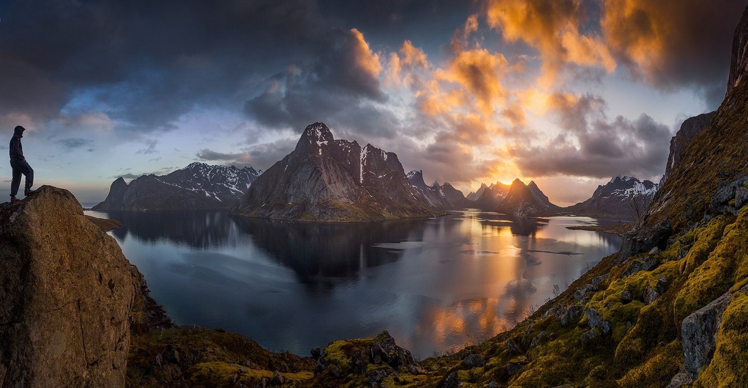 nature, Landscape, Panoramas, Lofoten Islands, Norway, Sunset, Mountain, Sky, Sea, Snowy Peak, Hiking, Bay Wallpaper
