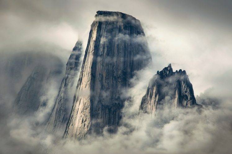 nature, Landscape, Mountain, Clouds, Mist, Cliff, Vertical, Greenland, Sunlight HD Wallpaper Desktop Background