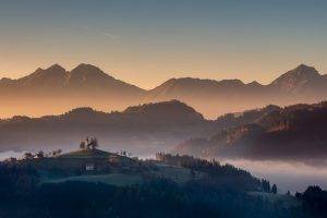 nature, Landscape, Sunrise, Mist, Mountain, Village, Forest, Fall, Slovenia