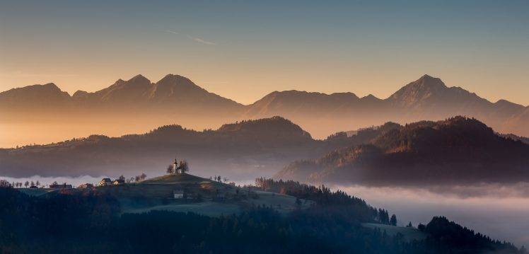 nature, Landscape, Sunrise, Mist, Mountain, Village, Forest, Fall, Slovenia HD Wallpaper Desktop Background