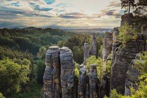 nature, Landscape, Sunset, Rock Formation, Forest, Clouds, Sky, Hill, Trees, Czech Republic