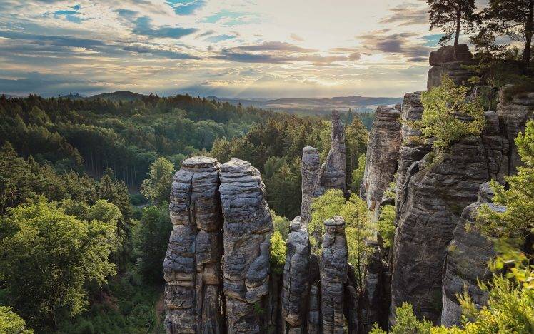 nature, Landscape, Sunset, Rock Formation, Forest, Clouds, Sky, Hill, Trees, Czech Republic HD Wallpaper Desktop Background