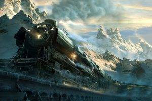 landscape, Train, Railway, Mountain, Snow, Frost, Machine, Clouds, Winter, Nature, Snowy Peak, Steam Locomotive, Sunset, Sunlight