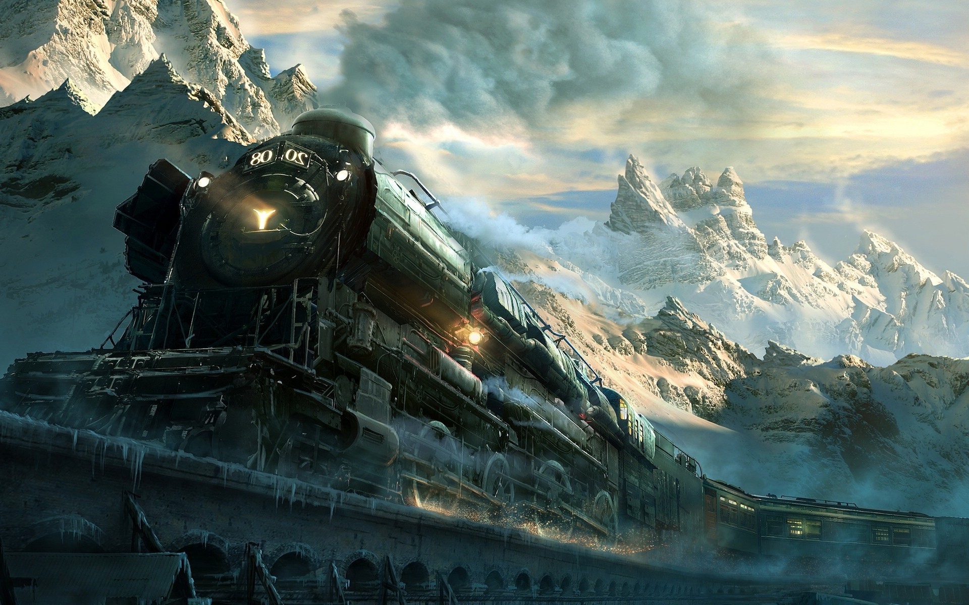 landscape, Train, Railway, Mountain, Snow, Frost, Machine, Clouds, Winter, Nature, Snowy Peak, Steam Locomotive, Sunset, Sunlight Wallpaper