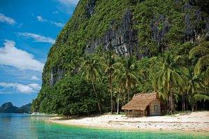 beach, Hut, Tropical, Nature, Summer, Palm Trees, Island, Landscape, Sea, White, Sand, Clouds, Tropical Forest, Boat, Mountain, Rock Formation