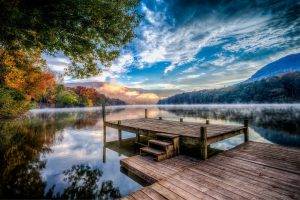 lake, Nature, Sunset, Mountain, Fall, Pier, Forest, Mist, Water, Reflection, Sky, Clouds, Trees, Landscape
