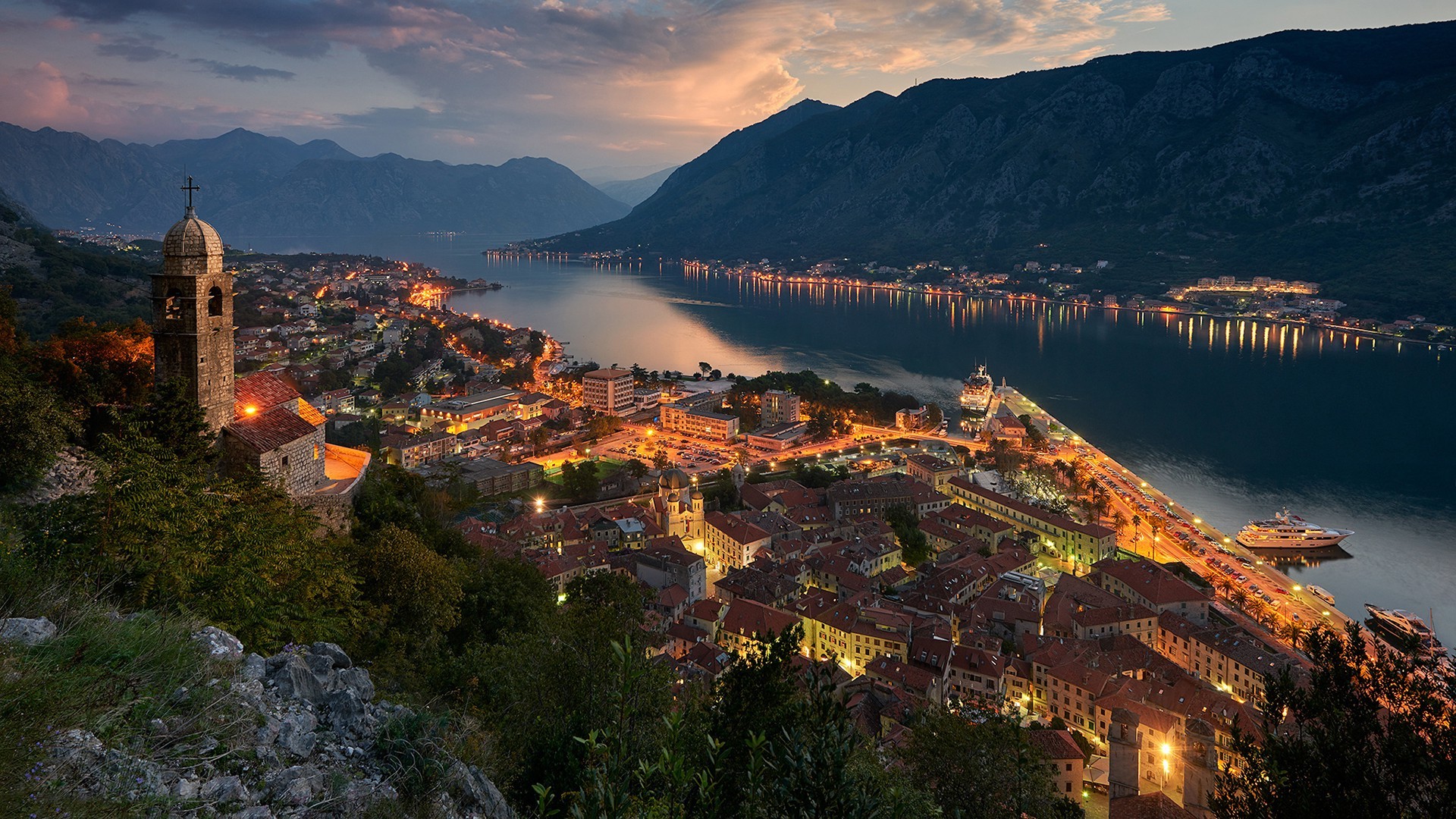 Montenegro, Kotor (town), Mountain, Building, Lights, Landscape