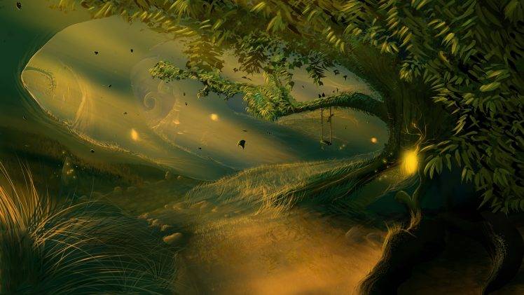 fantasy Art, Swings, Sunlight, Trees HD Wallpaper Desktop Background