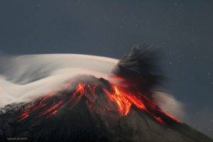 nature, Landscape, Clouds, Trees, Volcano, Eruption, Lava, Smoke, Volcanic Eruption, Ecuador, Night, Stars, Long Exposure, Rock