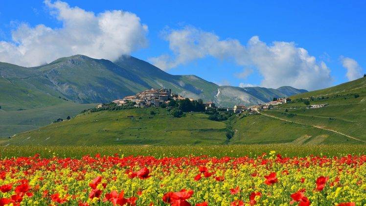 nature, Landscape, Clouds, Trees, Italy, Architecture, Castle, Hill, Ancient, Mountain, Old Building, Village, Field, Flowers, Grass, Poppies, Path, Summer HD Wallpaper Desktop Background