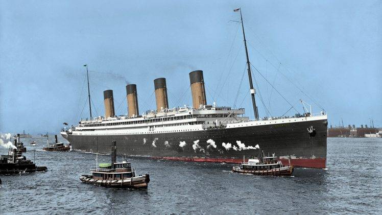 nature, Landscape, Ship, Boat, Sea, Chimneys, Smoke, History, RMS Olympic, Steamship, UK, Colorized Photos, Dock, Crowds HD Wallpaper Desktop Background