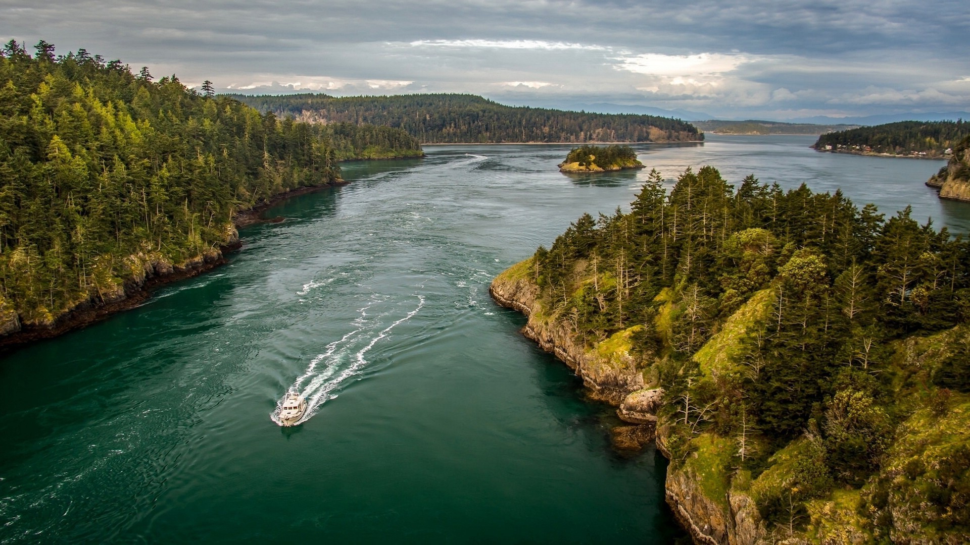 nature, Landscape, Ship, Boat, River, Trees, Pine Trees, Forest, Clouds, Birds Eye View, Rock, Island, Washington State, USA Wallpaper