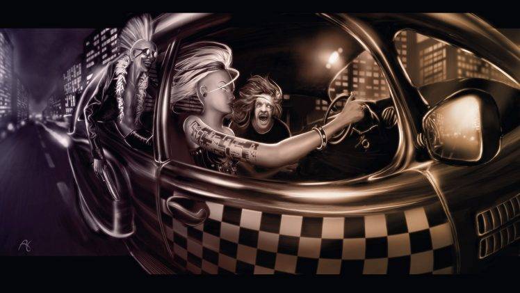 car, Punk, Tattoo, Rock, Checkered, Metal, Street Light, Digital Art, Digital 2D, Taxi HD Wallpaper Desktop Background