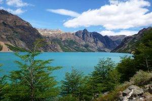 nature, Landscape, Lake, Mountain, Trees, Chile, Turquoise, Water, Summer, Clouds, Shrubs